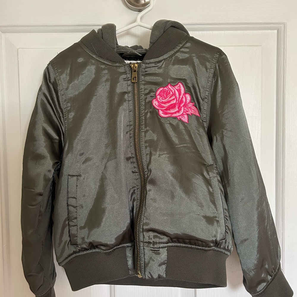 Green Bomber Jacket with Pink Rose Patch